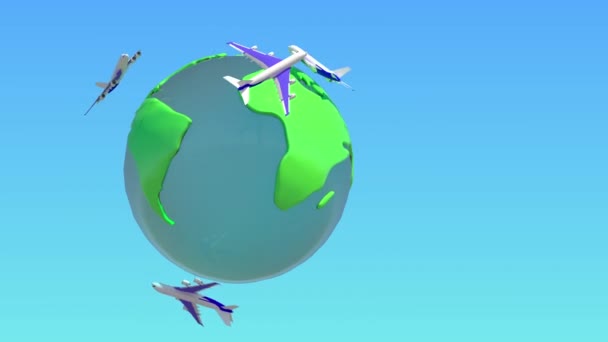 Airplane flying around the world , globe or earth planet. Tourism,travel,holidays,business or airports concept.Blue light background in 4k resolution. alpha channel — Stock Video