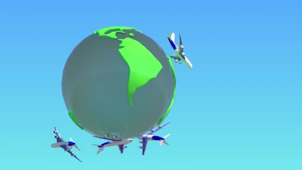 Letadlo létající kolem světa, zeměkoule nebo zemské planety. Cestovní ruch, cestování, dovolená, obchodní nebo letištní koncepce.Modré světlo pozadí v rozlišení 4k. alfa kanál — Stock video