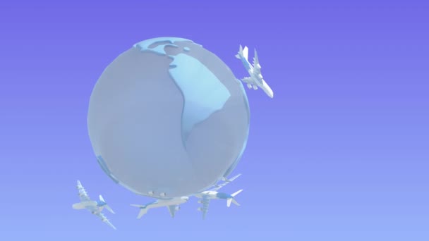 Самолет летит по всему миру, земному шару или планете Земля. Фон голубого света в разрешении 4k. альфа-канал — стоковое видео