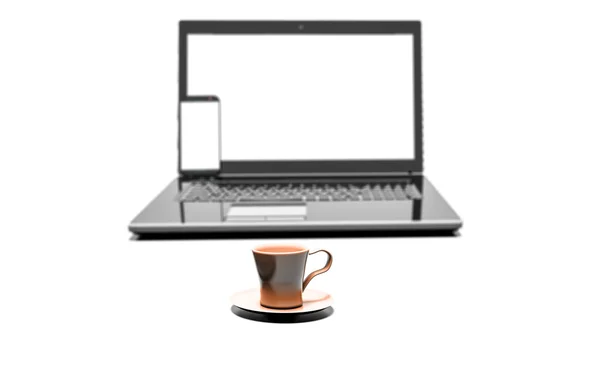 Close-up koffiekopje met laptop en mobiele telefoon geïsoleerd op witte achtergrond — Stockfoto