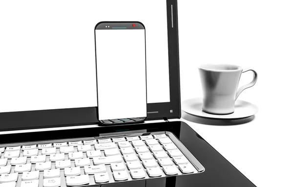 Cierre taza de café con portátil y teléfono celular aislado sobre fondo blanco —  Fotos de Stock
