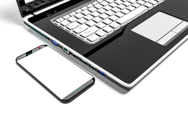 Filiżanka kawy z laptopa i telefon komórkowy na białym tle z bliska — Zdjęcie stockowe