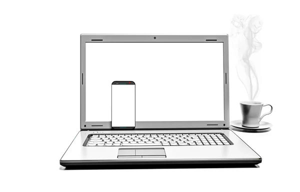 ノート パソコンと白い背景で隔離の携帯電話とコーヒー カップを閉じる — ストック写真