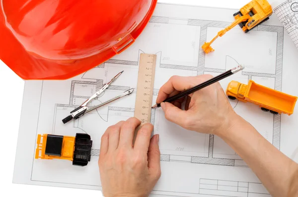 orange helmet, ruler, pencil, drawing, construction equipment