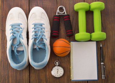 Egzersiz ve fitness diyet alanı günlüğü kopyalayın. Sağlıklı yaşam konsepti.