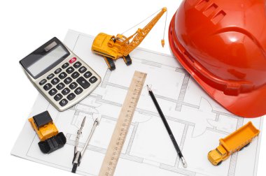 Turuncu kask, cetvel, kalem, çizim, İnşaat ekipmanları