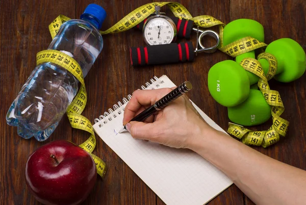 Training en fitness dieet kopiëren ruimte dagboek. Gezonde levensstijl concept. — Stockfoto