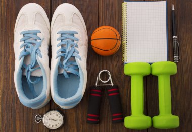 Egzersiz ve fitness diyet alanı günlüğü kopyalayın. Sağlıklı yaşam konsepti.