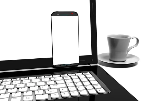 Ноутбук, мобильный телефон - изолирован на белом с вырезкой пути — стоковое фото