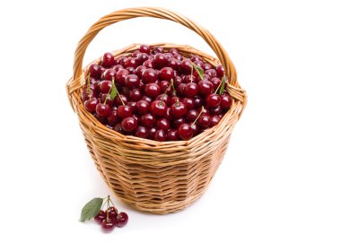 Sepet beyaz zemin üzerine kırmızı taze kiraz dolu