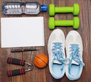 Egzersiz ve fitness diyet alanı günlüğü kopyalayın. Sağlıklı yaşam konsepti.