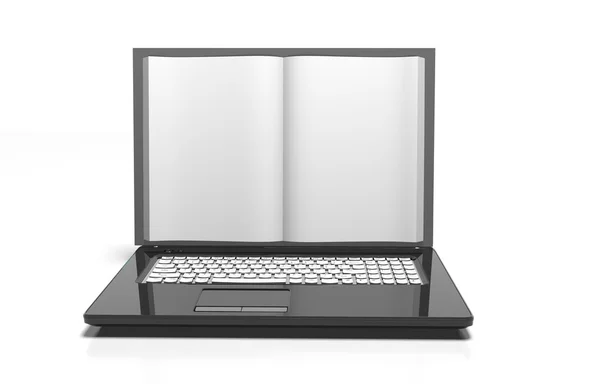 Laptop en forma de libro. Biblioteca de Internet. Cambio de fuentes — Foto de Stock