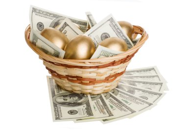 golden eggs and dollars in a basket isolated clipart