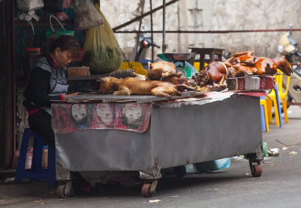 Mujer sentada cerca de la mesa con el cuerpo de perros — Foto de Stock