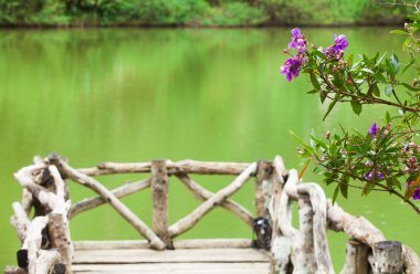 Purple flowers on background of landing stage and jade lake clipart