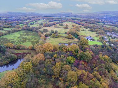 YSTRADGYNLAIS, İngiltere - 25 Ekim 2020: Sonbaharda Cwm-twrch Isaf 'in ağaçları ve tarlaları uzaktaki Brecon Beacons' a gidiyor.