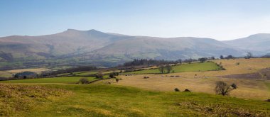 Güney Galler 'deki Brecon Beacon dağlarının en yüksek tepeleri olan Penyfan ve Corn Du' yu gösteren Brecon Beacons panoraması.