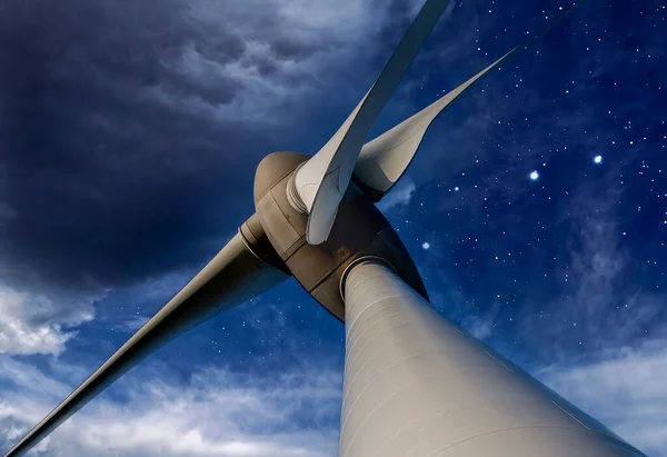 Composite Image Wind Turbine Starry Night — Stock Photo, Image