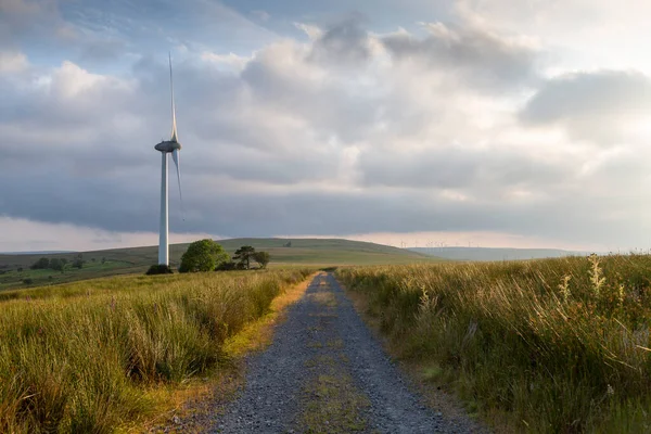 Turbinas Eólicas Una Carretera Campo Una Vista Cada Vez Mayor — Foto de Stock