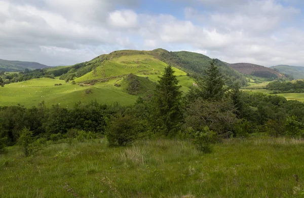 Uma Paisagem Pastagens Verdes Colinas Meados País Gales Reino Unido — Fotografia de Stock