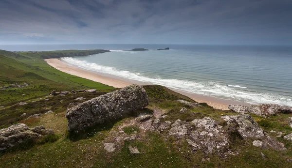 Rhossili bay en wormen hoofd — Stockfoto