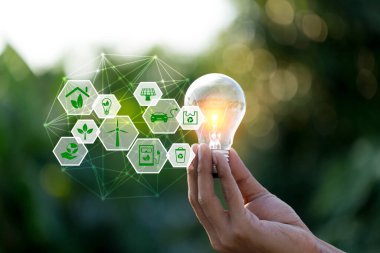 Yenilenebilir enerji kaynaklarıyla el ele tutuşan ampul, dünya konseptine bayıldım..