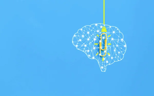 Great ideas concept with human brain, paperclip,thinking,creativity,light bulb on blue background,new ideas concept