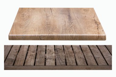 Ahşap masa, iç dekorasyon veya ahşap masa dokusu arka planına sahip reklam ekranı için platform oluşturur..