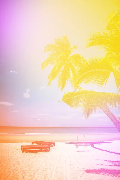 Oconut tree and beach wooden bed on white sand with beautiful blue sea over clear blue sky — 스톡 사진