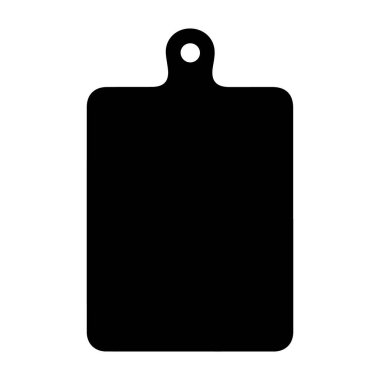 Temiz beyaz arkaplana karşı siyah bir kesme tahtası silueti, mutfak veya mutfak tasarımı için ideal, basit ve modern bir grafik illüstrasyonu sergiliyor.