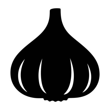 Sarımsak ampulünün minimalist siyah silüeti, temiz beyaz bir arkaplana kurulmuş.,