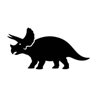 Bir triceratops dinozorunun siyah silueti beyaz arka planda belirgin fırfırlarını ve boynuzlarını basit ama çarpıcı bir illüstrasyonla sergiliyor. Eğitici ya da tasarım amaçlı siluet modunda mükemmel..