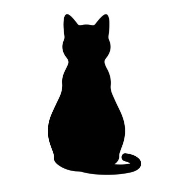 Beyaz bir zemin üzerinde oturan siyah bir kedinin silueti, bir sakinlik ve dinginlik hissi yayıyor, kulakları kalkık ve kuyruğu kıvrılmış.