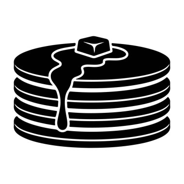 Üzerinde şurup ve tereyağı olan bir yığın krep, basit siyah-beyaz siluet şeklinde resmedilmiş, grafik tasarımında veya gıda ikonu olarak kullanılmak için mükemmel..