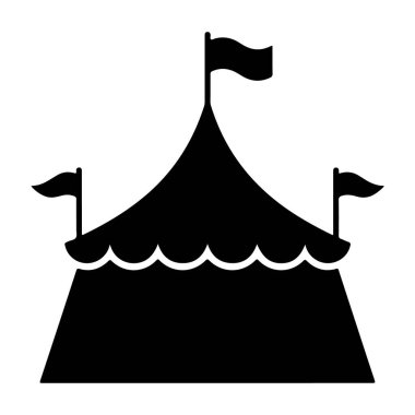 Beyaz arka planda bayrakları olan bir sirk çadırının siyah silueti, eğlenceli ve eğlenceli bir olayı ya da kutlamayı temsil ediyor, heyecan ve merak duygusu ile, ve nostalji ve sihir dokunuşu ile.