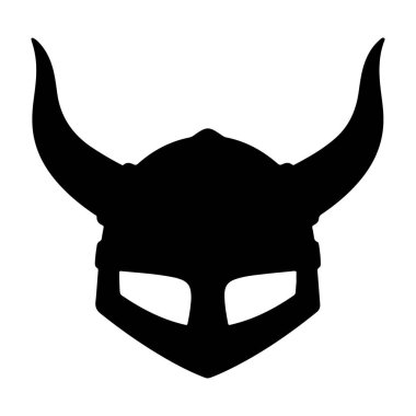 Beyaz arka planda boynuzları olan bir Viking miğferinin siyah silüeti. Güç, cesaret ve macerayı temsil ediyor. İş ve yaratıcı projeler için mükemmel..