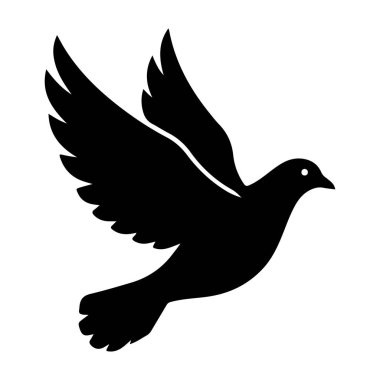Beyaz bir arka plana karşı uçan güvercinin siyah bir silueti, barışı ve özgürlüğü simgeliyor, genellikle iş ve ticari bağlamlarda uyum ve sükuneti iletmek için kullanılır, siluet çarpıcı bir görsel öğedir..
