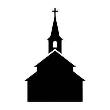 Çan kulesi ve haçı olan bir kilisenin silueti, basit ve modern bir tasarımla inanç ve ruhaniliği temsil ediyor, temiz beyaz bir arka plana karşı kurulmuş..