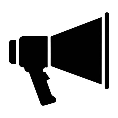 Temiz beyaz bir arkaplan karşısında megafonun cesur bir siyah silueti, iş iletişimi ve pazarlama ihtiyaçları için ideal, öne çıkan bir siluet.