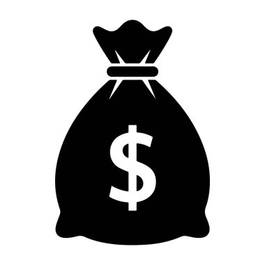 Görüntü, mali kavramları ve zenginlik yönetimini temsil eden, üzerinde beyaz dolar işareti olan siyah bir para çantası içeriyor. Basit tasarım onu çeşitli iş ve ekonomik bağlamlar için çok yönlü hale getiriyor..