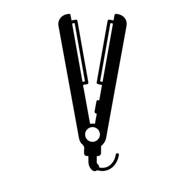 Temiz beyaz arkaplana karşı siluet şeklinde bir saç düzleştirici, modern stil ve güzellik kavramları için ideal, aracın parlak tasarımı ve işlevselliğini vurguluyor.