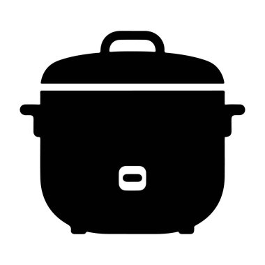 Kapağı olan siyah bir tencere silueti ve beyaz bir arka plan, yemek pişirmek ve mutfak kavramları için ideal, temiz ve modern bir tasarım sergiliyor..