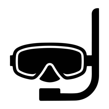 Dalış maskesinin minimalist bir çizimi ve beyaz arka planda siyah bir şnorkel, ekipmanların siluetini vurguluyor..