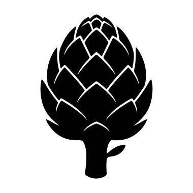 Modern tasarım projelerinde, logolarda ve pazarlama materyallerinde kullanılmak için ideal, enginarın kendine özgü şekline ve biçimine odaklanmış, temiz ve minimalist estetiğe sahip, stilize edilmiş bir siyah enginar silueti..