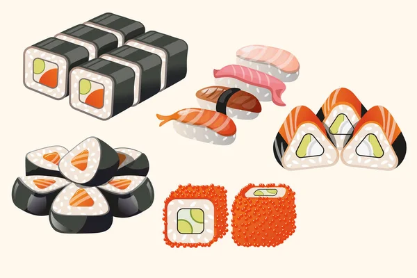 Délicieux Ensemble Rouleaux Vectoriels Sushis Nourriture Japonaise — Image vectorielle