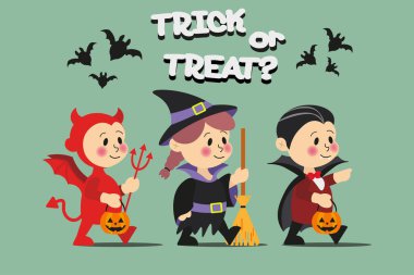 Cadılar Bayramı kutlamaları için şirin kostümlü çocukların düz vektör çizimi