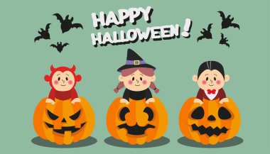 Cadılar Bayramı 'nda balkabağı üstünde kostümlü çocukların düz çizimi. 