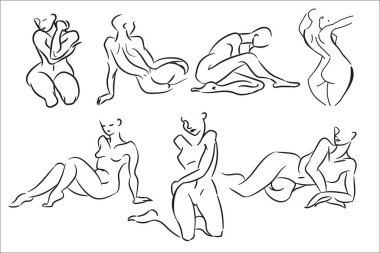 Kozmetik, hijyen, soyutlama, beyaz arka plan çizgileri olan kadın vücutlarının narin çizimleri