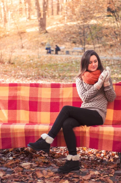 Jonge mooie vrouw in een gebreide trui zittend op een bankje in een herfst park — Stockfoto
