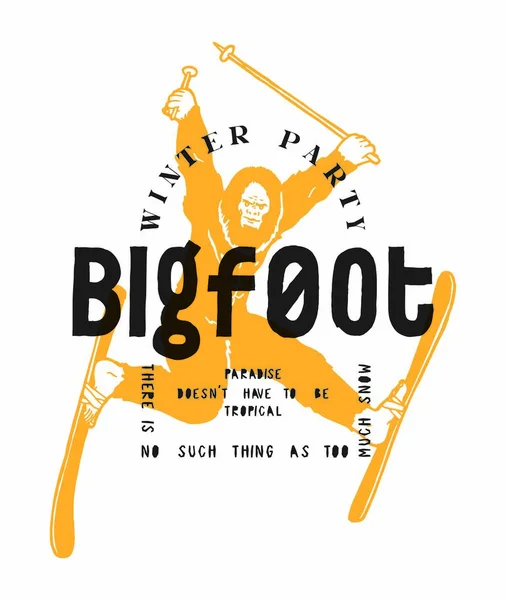 Bigfoot Skidtypografi Tryck Sasquatch Karaktär Kul Skidor Vinterfesttypografi Tryck Snö — Stock vektor